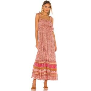 Free People Pink Orange Paisley Floral Tiered Maxi Dress XS Tie Strap Boho
